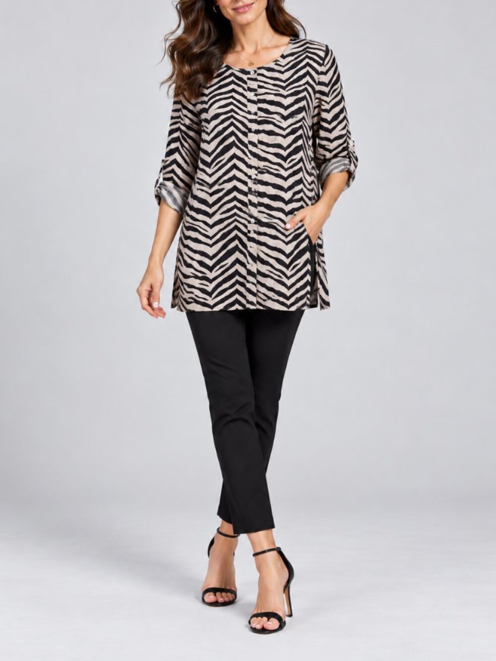 Tahari Black Beige Zebra Print 100% Linen Roll-Tab Tunic Blouse Size 2XL